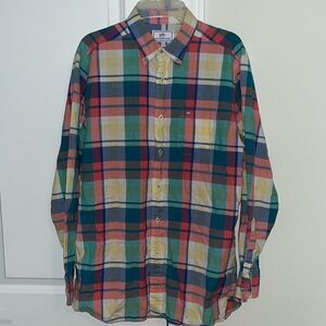 Southern Tide LS Tuna pink Green tone madras plaid tartan pocket men’s Shirt M